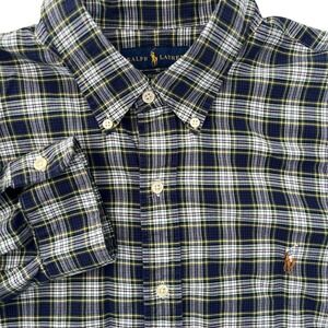 Ralph Lauren‎ Button Down Long Sleeve Navy Green Plaid Flesh Pony XL Classic Fit